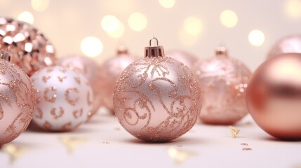 Elegant Rose Gold Christmas Decorations with Ribbon on White Background