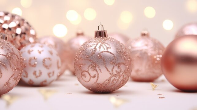 Elegant Rose Gold Christmas Decorations With Ribbon On White Background