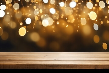 Rustic Wood Table in Front of Christmas Light Night, Abstract Circular Bokeh Background - Created with generative AI tools