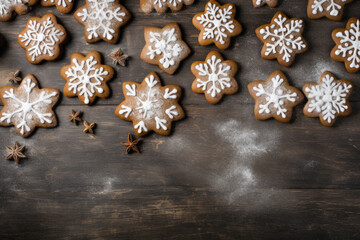 Delicious christmas cookies on table with snow.