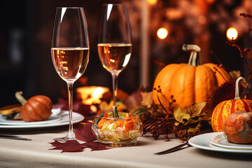 Thanksgiving Table Setting with Autumnal Decorations, Pumpkins, Glasses and Plates - Created with generative AI tools