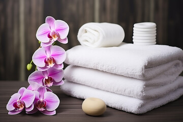 Towel, Orchid Flowers, Bamboo Leaf, and Cosmetics - Created with generative AI toolsTowel, Orchid Flowers, Bamboo Leaf, and Cosmetics - Created with generative AI tools