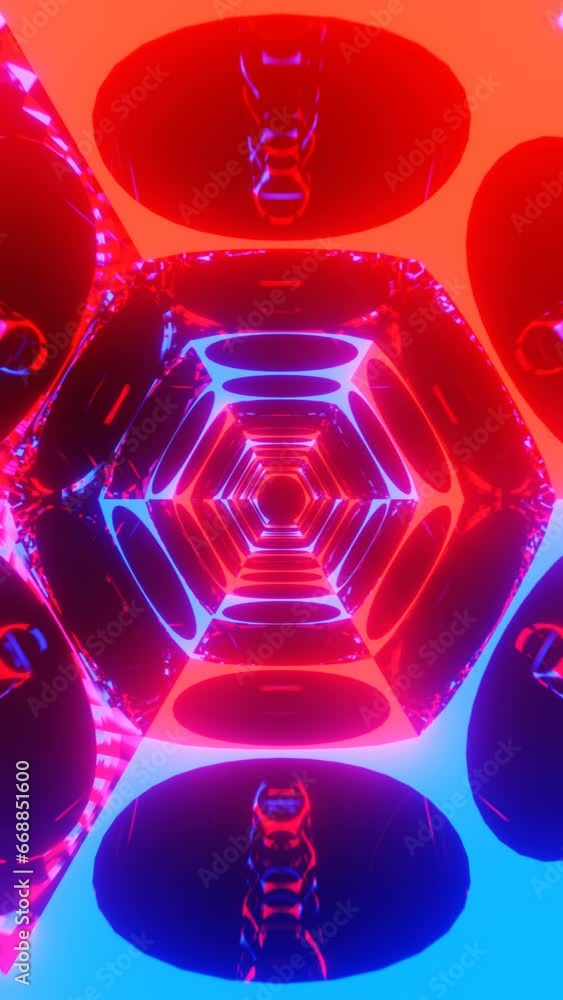 Poster hexagonal neon light tunnel motion graphics, looping animation of vertical screen design looping ani