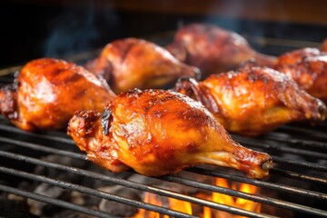 bbq chicken drumsticks sizzling on the grill under natural light