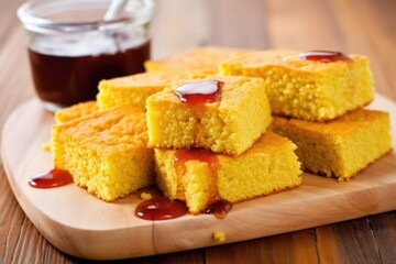 cornbread on board with bbq sauce drizzle
