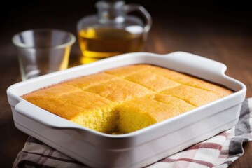 quartered cornbread in a ceramic baking dish