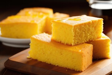 sliced cornbread revealing a soft, yellow interior