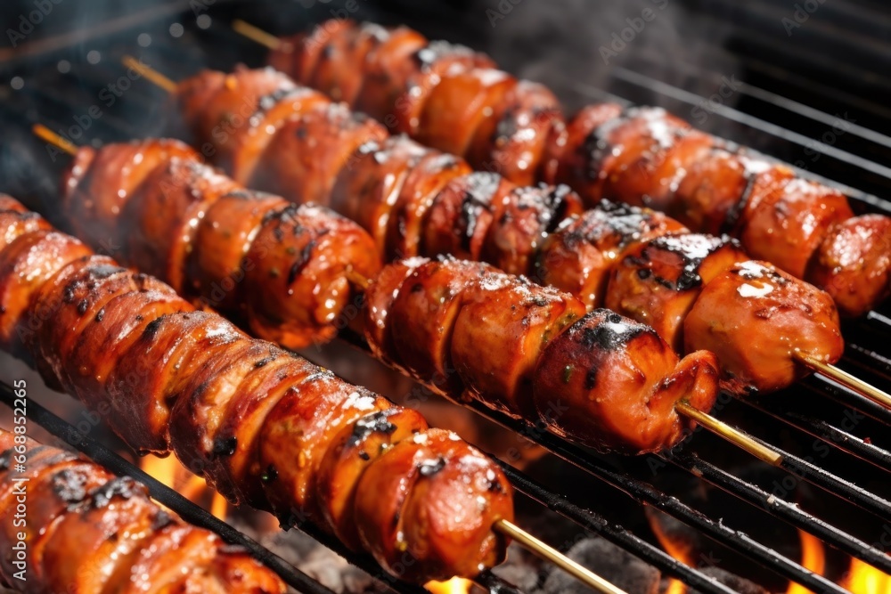 Sticker close-up image of grilled hot links on skewers