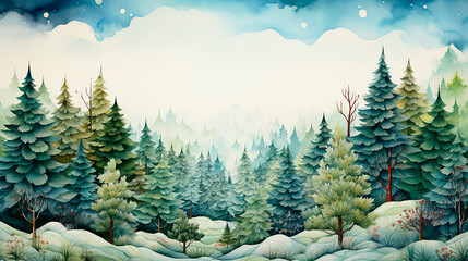 Watercolor illustration, Christmas tree, green forest in a plain white background. Copy space.