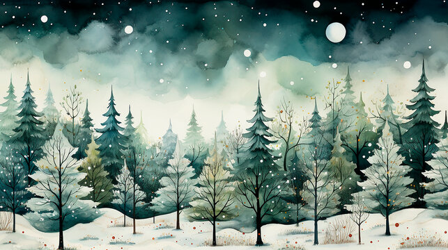 Watercolor illustration, Christmas tree, green forest in a plain white background. 