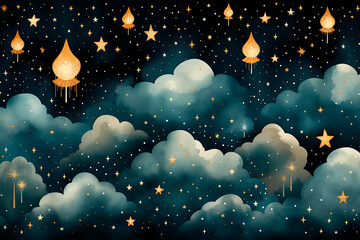 Seamless watercolor pattern in boho style with small stars, clouds and lights in the night sky. Gouache, paper texture.