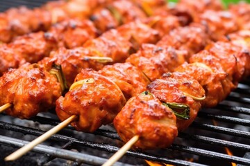 detailed view of meatball skewers with bbq grill marks