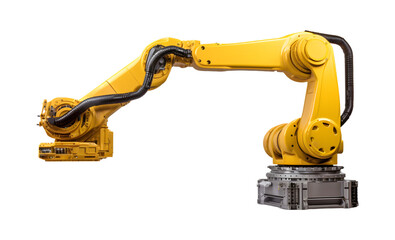 Industrial robotic arm isolated on a transparent background. Industrial robot works automatically in smart autonomous factory. Generative AI