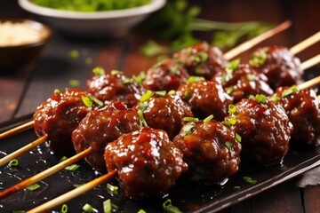 closeup of skewered meatballs with caramelized edges
