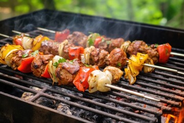 skewers with meatballs and mushrooms on a grill