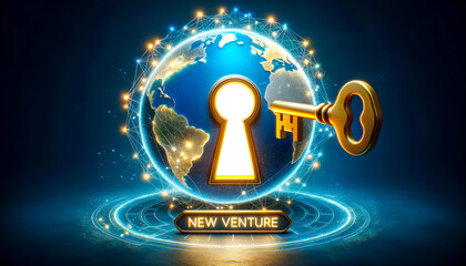3D render of a luminous keyhole shaped like the globe, with a golden key approaching it, labeled NEW VENTURE. This symbolizes unlocking global opportunities and new markets. - obrazy, fototapety, plakaty