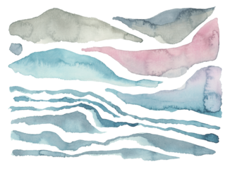 PNG Ink watercolor hand drawn stain blot design element. Wet paper texture background. Set.