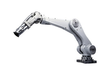 Industrial robotic arm isolated on a transparent background. Industrial robot works automatically in smart autonomous factory. Generative AI - obrazy, fototapety, plakaty