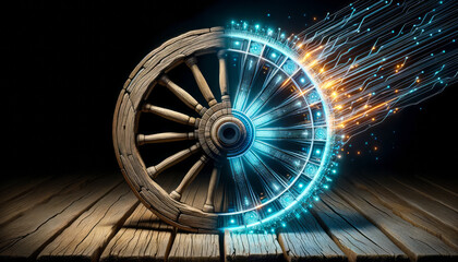 3D render of an old, wooden cartwheel evolving into a high-tech, illuminated digital wheel, showcasing the concept Reinvent the Wheel as progress from old to new. - obrazy, fototapety, plakaty