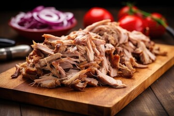 close-up of shredded pulled pork on a wooden chopping board