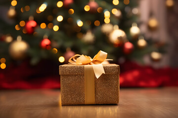 Golden Christmas gift box with Christmas tree in background