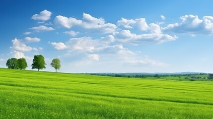 Obraz premium Beautiful spring landscape with green meadow and trees on blue sky
