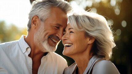 Beautiful gorgeous 50s mid age elderly senior model couple with grey hair laughing and smiling. Mature old man and woman close up portrait. Healthy face skin care beauty,  - obrazy, fototapety, plakaty