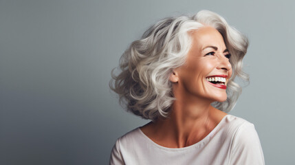 Beautiful gorgeous 50s mid age beautiful elderly senior model woman with grey hair laughing and smiling. Mature old lady close up portrait. Healthy face skin care beauty,  - obrazy, fototapety, plakaty