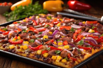 bbq pizza with layers of colorful vegetables