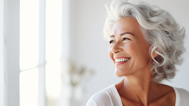 Beautiful gorgeous 50s mid age beautiful elderly senior model woman with grey hair laughing and smiling. Mature old lady close up portrait. Healthy face skin care beauty, 