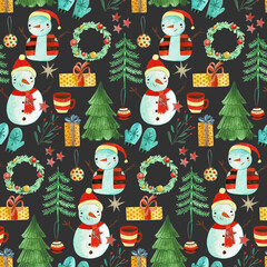 Watercolor illustration with snowmen, pattern