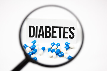 DIABETES text, inscription through a magnifying glass next to medicinal capsules, tablets. Diabetes, medical concept, diabetes treatment.