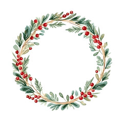Christmas wreath with Poinsettia flowers, cranberry and holly berry and golden line border for holiday card decor