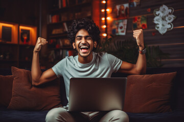 Handsome young indian man smiling and rejoicing after success. Happy man celebrating business success on sofa in living room with computer.