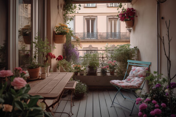 Beautiful decorated city terrace with table and decorative plants