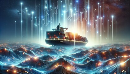 A colossal cargo ship floats atop a digital ocean, surrounded by cascading data streams under a starry expanse. This ethereal vista merges maritime trade with a technological dreamscape.