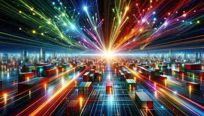 A vibrant technoscape unfolds as radiant data beams converge over a futuristic city. Glowing shipping containers dot the landscape, symbolizing the nexus of trade and digital evolution. - obrazy, fototapety, plakaty