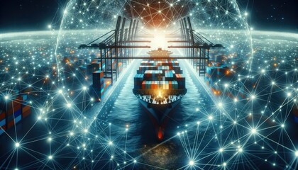 In a technologically advanced port, a container ship is enveloped in a luminous network of interconnected nodes, representing digital integration in maritime logistics against a starry backdrop. - obrazy, fototapety, plakaty