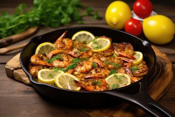 skewered bbq spiced shrimp in a cast iron pan