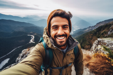 Young indian hiker man taking a selfie portrait on the top of a mountain. Happy young athletic man on an adventure, taking a photo with beautiful view - obrazy, fototapety, plakaty