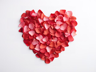 Red rose petals forming a heart shape on a white background. Generative Ai