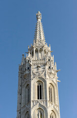 Fototapeta na wymiar Closeup bell tower of Matthias church in Budapest, Hungary.