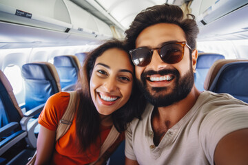 Happy indian tourist couple taking a selfie inside an airplane. Positive young couple on a vacation taking a selfie in a plane before takeoff. - obrazy, fototapety, plakaty