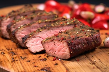 close view of brisket slices with pepper sprinkles