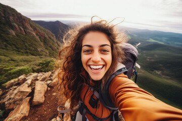 Young native american hiker woman taking a selfie portrait on the top of mountain. Happy young woman on adventure, taking a photo, beautiful view