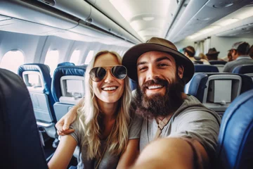 Fotobehang Happy scandinavian tourist couple taking a selfie inside an airplane. Positive young couple on a vacation taking a selfie in a plane before takeoff. © Katrin Kovac