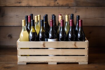mixed case of wine bottles in a rustic wooden crate