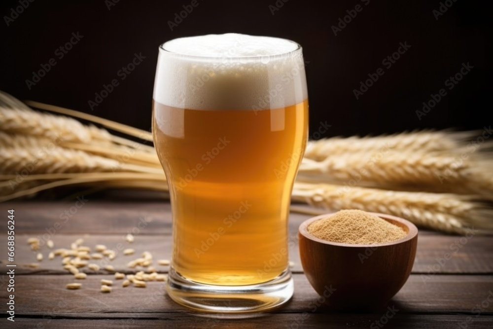 Sticker close shot of a glass filled with frothy beer next to brewing ingredients