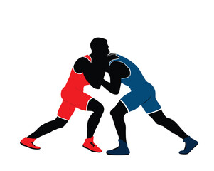 Wrestlers match competition, sports man wrestling vector silhouette illustration isolated on white. Gymnastic martial art. Fighter self defense skills. Wrestler game duel Greek Roman style of fight.