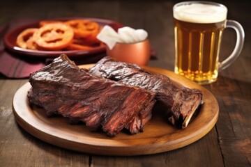 bbq beef ribs with a side of red ale on a ceramic plate